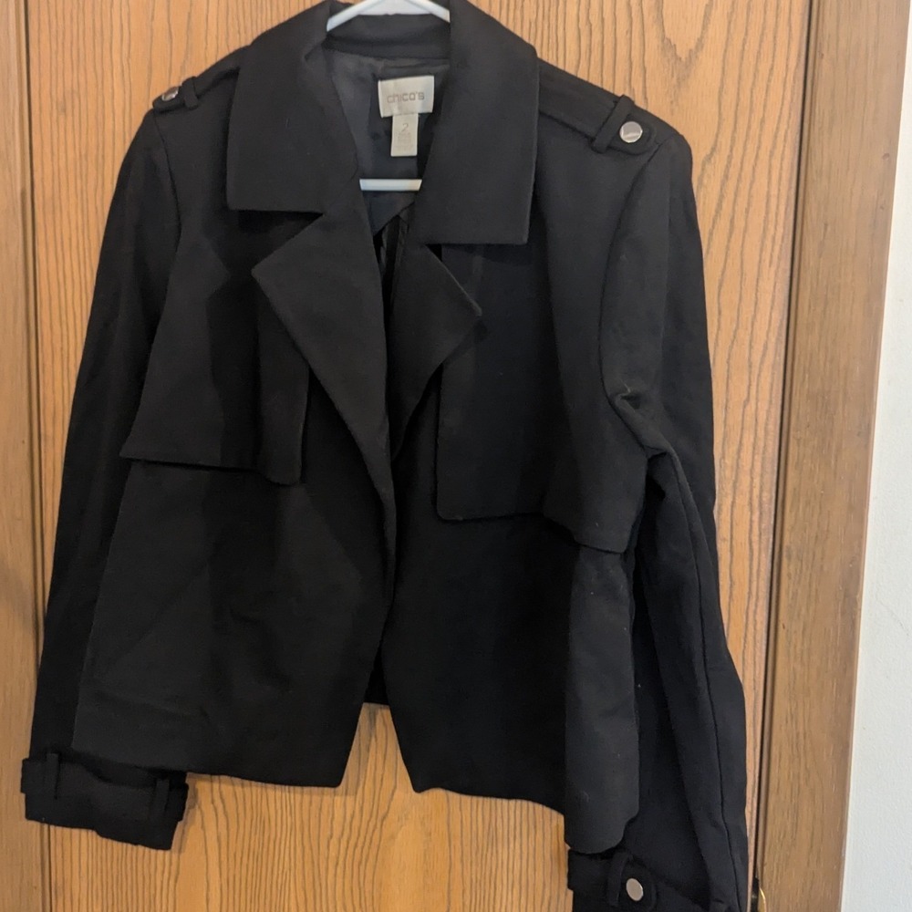 Chicos Black Cropped Utility Military Style Jacket Blazer Ponte Epaulettes 2-L